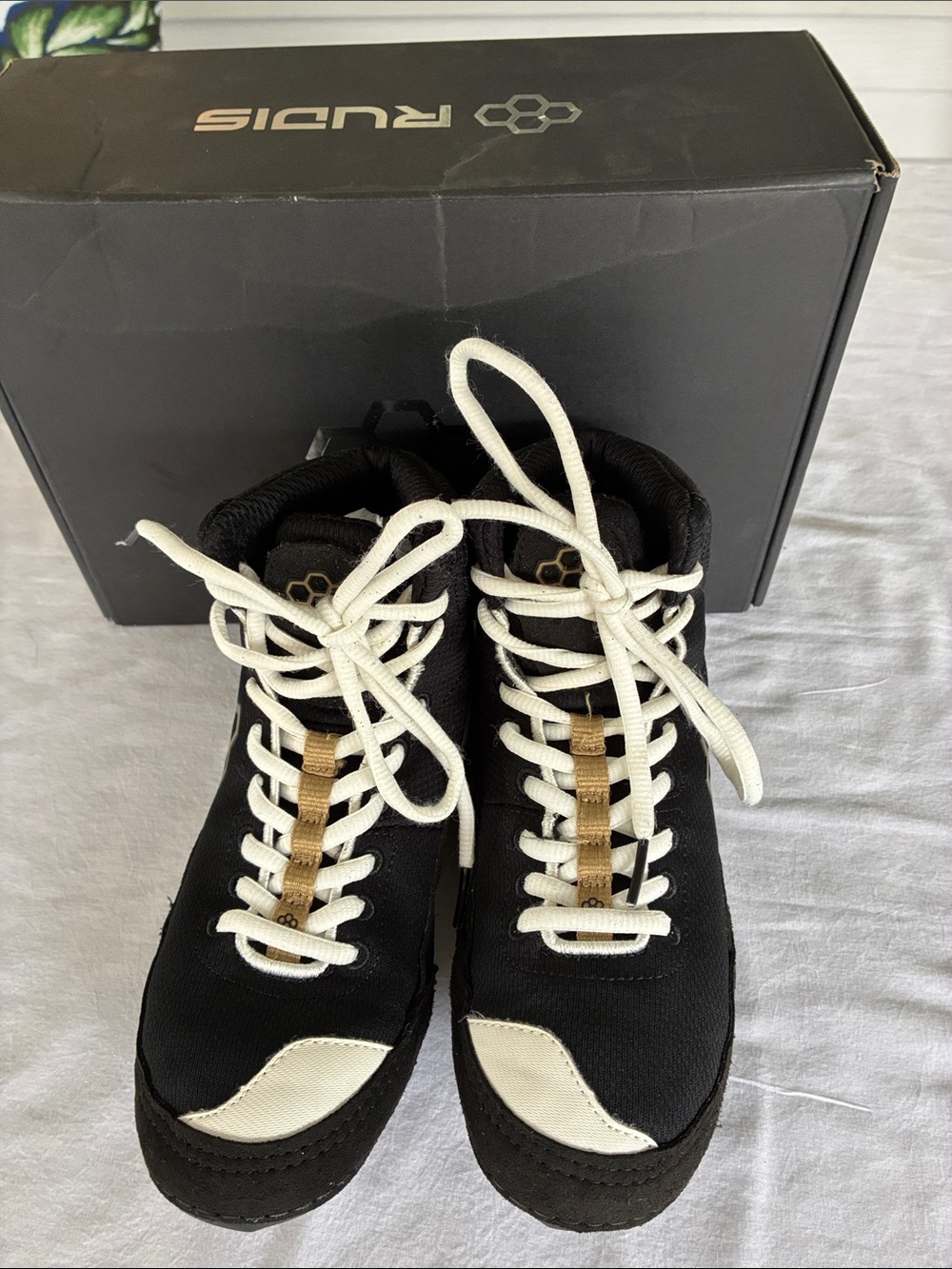 Rudis Black Kids Wrestling Shoes with White Laces and Gold Accent